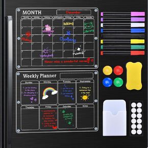 Magnetic Calendar for Refrigerator,Reusable refrigerator calendar,2 Pieces Acrylic Calendar for Fridge,Fridge Calendar,Includes 8 Highlight Markers with 8 Colors(16"x12"Inches)