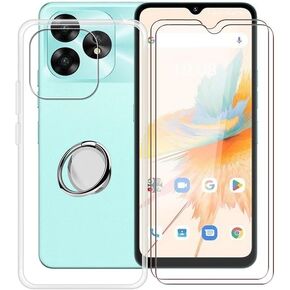 Cover for Umidigi A15 (6.70") with 2 X Tempered Glass Protective Film, 360° Cell Phone Metal Ring Holder, [Ultra-Thin Clear Soft TPU Shockproof Shell] Phone Case for Umidigi A15