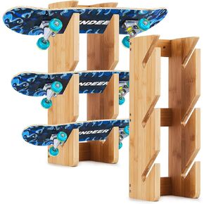 Woanger 2 Pack Skateboard Rack Skateboard Wall Mount Display Holds 3 Boards Skateboard Hanger Sustainable Bamboo Skateboard Holder Wall Mount for Storage Home Garage Snowboard Indoor Organizer Skate