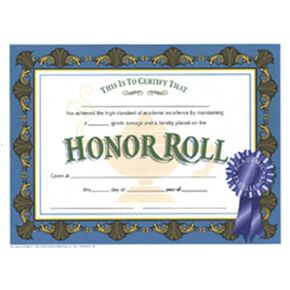 Hayes Honor Roll Certificate, 8.5" x 11", Pack of 30