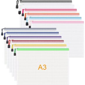 12Pcs Mesh Zipper Pouch for Organizing, A3 Size, 12 Colors, Waterproof, Plastic Zipper Puzzle Storage Bags, File Bags for Home Office Supplies
