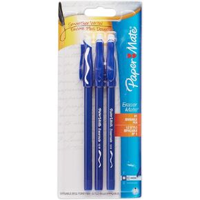 Paper Mate Erasermate Stick Medium Tip Ballpoint Pens, 3 Blue Ink Pens (3150458PP)