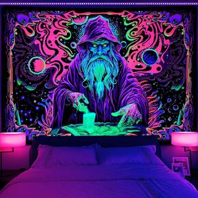 Uspring Blacklight Tapestry Trippy Wizard Tapestry for Bedroom UV Reactive Tapestries Magic Eyes Tapestry Neon Starry Wall Tapestry Hanging for Home Dorm Decor (59.1 x 82.7inches)