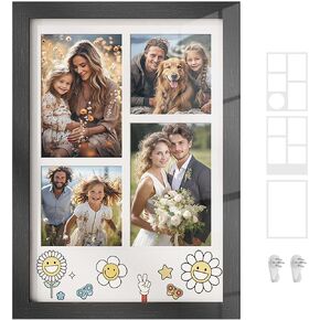 SONGMICS A4 Picture Frame Collage for Wall Decor, 4x6 Multi Photo Frame for Desk, 8x10, 8x12 or 4x4 Photos with 3 Mats, 9x12 Without Mat, Glass Front, 2 Non-Trace Nails, Rustic Brown