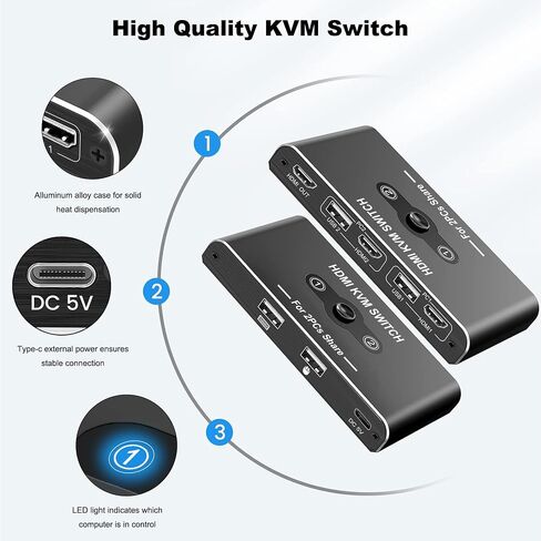 KVM Switch HDMI 1 شاشات 2 جهاز كمبيوتر، مفاتيح USB KVM لجهازي كمبيوتر مشاركة 1 لوحة مفاتيح وماوس وشاشة واحدة، مفتاح USB 2 جهاز كمبيوتر يدعم 4K@60 هرتز، مفتاح ماوس لوحة مفاتيح HDMI in Kuwait