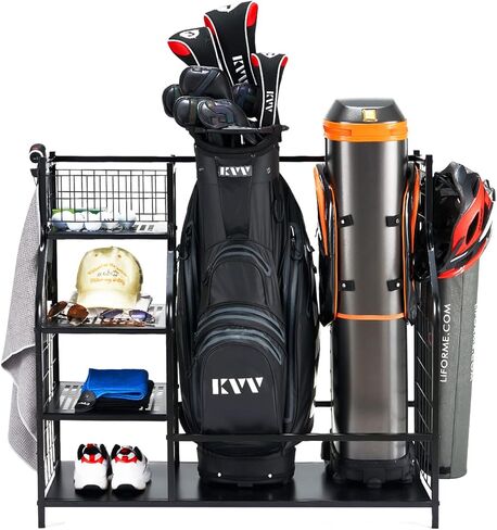 منظم تخزين حقيبة الجولف KVV، يناسب حقيبتين جولف وغيرها من المعدات الرياضية، وإكسسوارات الجولف، ورف كبير جدًا للطابق السفلي للمرآب (معدن أسود) in Kuwait