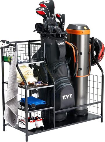 منظم تخزين حقيبة الجولف KVV، يناسب حقيبتين جولف وغيرها من المعدات الرياضية، وإكسسوارات الجولف، ورف كبير جدًا للطابق السفلي للمرآب (معدن أسود) in Kuwait
