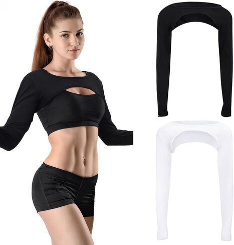 2 Pieces Shrug Women Crop Tops Cutout Workout Bolero Shrug for Ballet Yoga Sports Tee Casual Cropped Sweatshirts Black and White Standard Size for Most Women in Kuwait