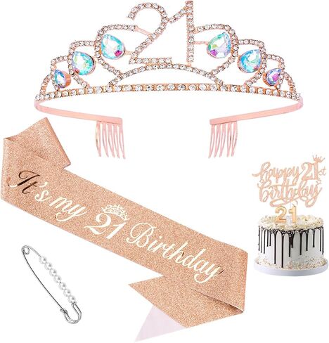 Jaciya 21st Birthday Decorations for Her Rose Gold 21st Birthday Crown It's my 21 Birthday Sash and Pearl Pin 21 Birthday Candle and Happy 21st Birthday Cake Topper 21st Birthday Decorations Party in Kuwait