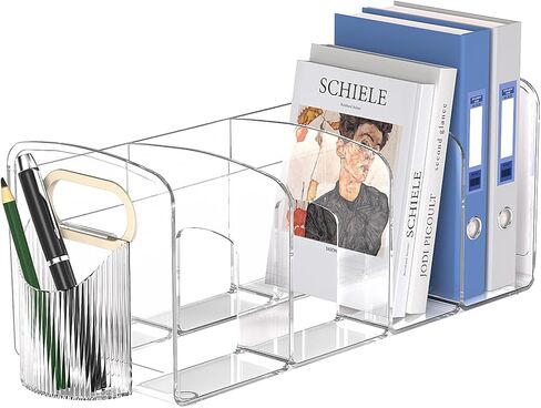 Transparent Acrylic File Organizer for Desk,Magazine Holder organizing Rack, Bookshelf withpen Holder,workspace Classifier, Desk Accessories, Wallet/Handbag Storage Rack (4 Sections) in Kuwait