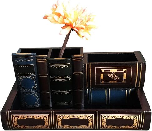 Tosnail Decorative Pen Holder with Storage Compartment, Wooden Pencil Holder and Organizer, Antique Library Books Design Pen Cup Caddy for Office Supplies, Countertop, Desk, Table in Saudi Arabia