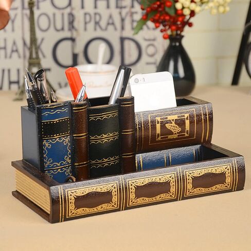 Tosnail Decorative Pen Holder with Storage Compartment, Wooden Pencil Holder and Organizer, Antique Library Books Design Pen Cup Caddy for Office Supplies, Countertop, Desk, Table in Saudi Arabia
