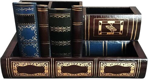 Tosnail Decorative Pen Holder with Storage Compartment, Wooden Pencil Holder and Organizer, Antique Library Books Design Pen Cup Caddy for Office Supplies, Countertop, Desk, Table in Saudi Arabia