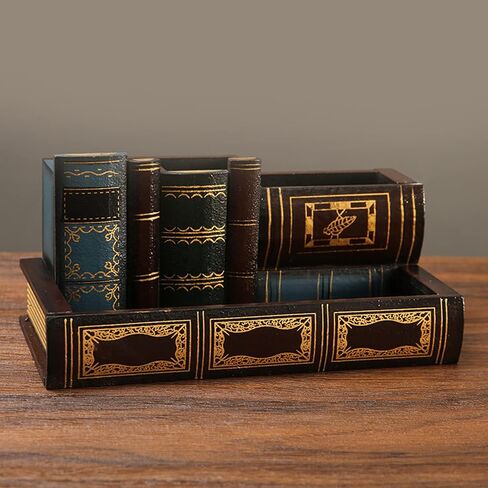 Tosnail Decorative Pen Holder with Storage Compartment, Wooden Pencil Holder and Organizer, Antique Library Books Design Pen Cup Caddy for Office Supplies, Countertop, Desk, Table in Saudi Arabia