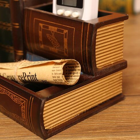 Tosnail Decorative Pen Holder with Storage Compartment, Wooden Pencil Holder and Organizer, Antique Library Books Design Pen Cup Caddy for Office Supplies, Countertop, Desk, Table in Saudi Arabia