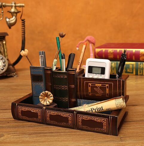 Tosnail Decorative Pen Holder with Storage Compartment, Wooden Pencil Holder and Organizer, Antique Library Books Design Pen Cup Caddy for Office Supplies, Countertop, Desk, Table in Saudi Arabia
