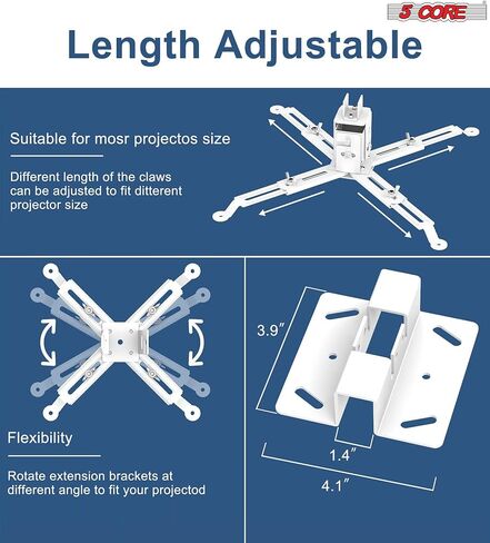 5 CORE Projector Ceiling Mount Universal White Extendable HD Projector Stand Bracket TILT Wall Mount Hanger Supports up to 40 lbs Mounting for Most Projectors Video PS 01 WH in Saudi Arabia