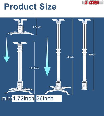 5 CORE Projector Ceiling Mount Universal White Extendable HD Projector Stand Bracket TILT Wall Mount Hanger Supports up to 40 lbs Mounting for Most Projectors Video PS 01 WH in Saudi Arabia