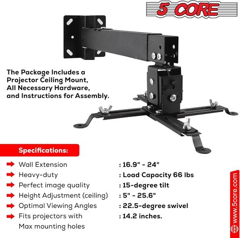 5 CORE Projector Ceiling Mount Universal White Extendable HD Projector Stand Bracket TILT Wall Mount Hanger Supports up to 40 lbs Mounting for Most Projectors Video PS 01 WH in Saudi Arabia