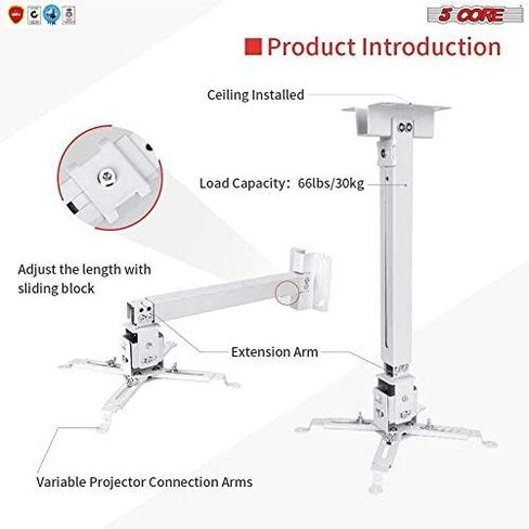 5 CORE Projector Ceiling Mount Universal White Extendable HD Projector Stand Bracket TILT Wall Mount Hanger Supports up to 40 lbs Mounting for Most Projectors Video PS 01 WH in Saudi Arabia