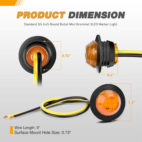 GOOACC 3/4 Inch Bullet Side Marker Light 10PCS Amber Round Clearance LED Front Rear Side Marker Indicator Light for Trailer Van Caravan Boat Truck RV Car Bus in Kuwait