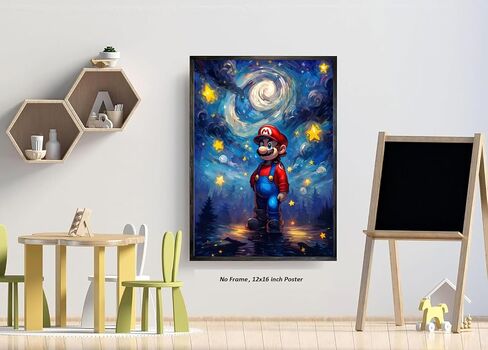 ملصق جداري فني ماريو - (12 × 16 بوصة) غير مؤطر - ملصق ألعاب على طراز Van Gogh Starry Night Style، ملصقات لغرفة الألعاب، ديكور غرفة الأولاد، فن جدار ديكور غرفة الألعاب، ديكور غرفة ماريو للأولاد والبنات والأطفال in Saudi Arabia