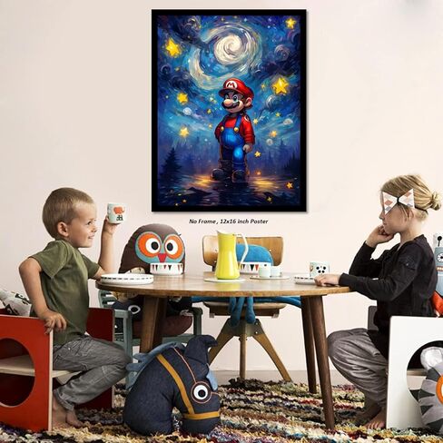 ملصق جداري فني ماريو - (12 × 16 بوصة) غير مؤطر - ملصق ألعاب على طراز Van Gogh Starry Night Style، ملصقات لغرفة الألعاب، ديكور غرفة الأولاد، فن جدار ديكور غرفة الألعاب، ديكور غرفة ماريو للأولاد والبنات والأطفال in Saudi Arabia