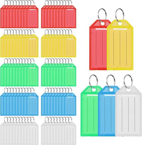 100 Pack Plastic Key Tags, 5 Colors Clear Key Identification Tags with Ring and Label Window, Tough ID Key Labels Tags Marker for Home, Office, Travel, Pets, Storage, and More in Kuwait