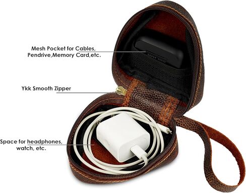 إكسسوارات السفر الجلدية للرجال، حافظات إكسسوارات الإلكترونيات للكابل، شاحن الهاتف، USB، صندوق تخزين الساعة، محرك القلم، حقيبة بسحاب لحمل سماعة الأذن، بني، 3.6 طول × 3.6 طول × 3.6 طول × 1.2 عرض بوصة in Kuwait