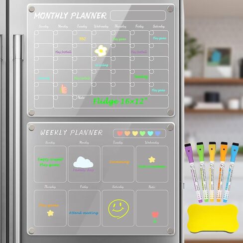 Magnetic Fridge Calendar,2PCS Monthly & Blankly Acrylic Calendar for Fridge,Reusable Dry Erase Magnetic Calendar For Fridge,Including 5Magnetic Dry Erase Markers 5 Colors/A Board Eraser(16"x12"Inches) in Saudi Arabia