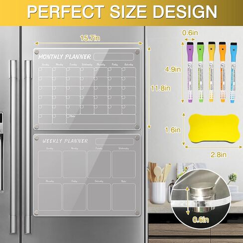 Magnetic Fridge Calendar,2PCS Monthly & Blankly Acrylic Calendar for Fridge,Reusable Dry Erase Magnetic Calendar For Fridge,Including 5Magnetic Dry Erase Markers 5 Colors/A Board Eraser(16"x12"Inches) in Saudi Arabia