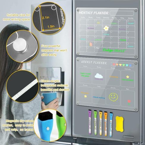 Magnetic Fridge Calendar,2PCS Monthly & Blankly Acrylic Calendar for Fridge,Reusable Dry Erase Magnetic Calendar For Fridge,Including 5Magnetic Dry Erase Markers 5 Colors/A Board Eraser(16"x12"Inches) in Saudi Arabia