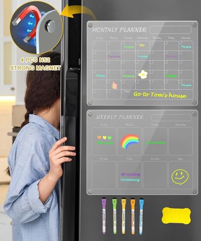 Magnetic Fridge Calendar,2PCS Monthly & Blankly Acrylic Calendar for Fridge,Reusable Dry Erase Magnetic Calendar For Fridge,Including 5Magnetic Dry Erase Markers 5 Colors/A Board Eraser(16"x12"Inches) in Saudi Arabia