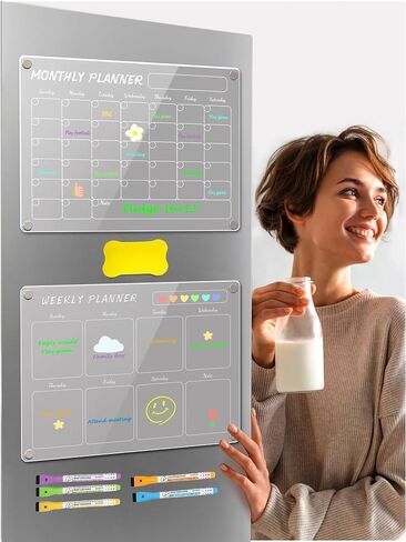Magnetic Fridge Calendar,2PCS Monthly & Blankly Acrylic Calendar for Fridge,Reusable Dry Erase Magnetic Calendar For Fridge,Including 5Magnetic Dry Erase Markers 5 Colors/A Board Eraser(16"x12"Inches) in Saudi Arabia