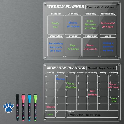 Acrylic Magnetic Dry Eraser Boards Sets for Fridge,Kovesayi 2-Pack Monthly & Weekly Calendar Planner Noteboard Set for Refrigerator,Kitchen Home Must Have, with 4 Markers and 1 Eraser - Clear in Saudi Arabia