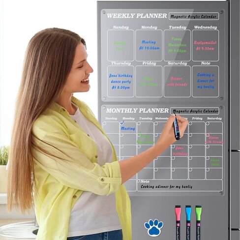 Acrylic Magnetic Dry Eraser Boards Sets for Fridge,Kovesayi 2-Pack Monthly & Weekly Calendar Planner Noteboard Set for Refrigerator,Kitchen Home Must Have, with 4 Markers and 1 Eraser - Clear in Saudi Arabia