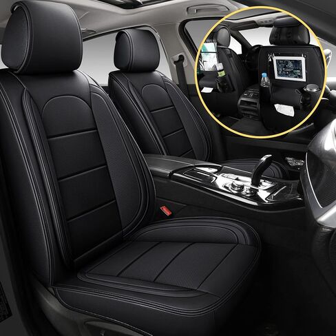 AOOG Leather Car Seat Covers with Car Backseat Organizer, Universal Automotive Vehicle Seat Cover for Most Sedan SUV Pick-up Truck, Front Pair, Beige in Kuwait