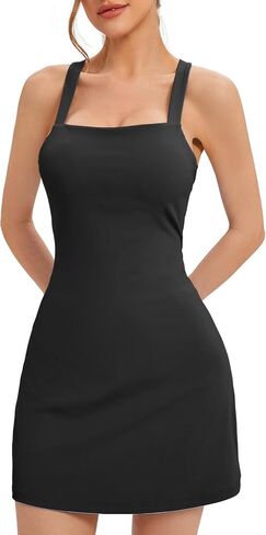 Womens Square Neck Tennis Dress with Built-in Bra & Shorts, Two Pieces Slim Fit Athletic Dress, Tie Up Back, Big Pockets in Saudi Arabia