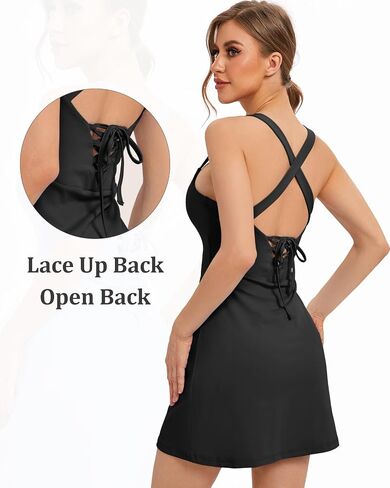 Womens Square Neck Tennis Dress with Built-in Bra & Shorts, Two Pieces Slim Fit Athletic Dress, Tie Up Back, Big Pockets in Saudi Arabia