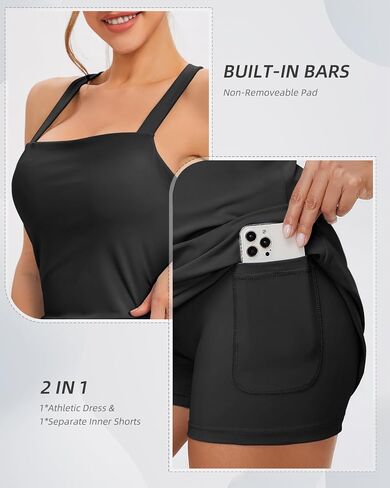 Womens Square Neck Tennis Dress with Built-in Bra & Shorts, Two Pieces Slim Fit Athletic Dress, Tie Up Back, Big Pockets in Saudi Arabia