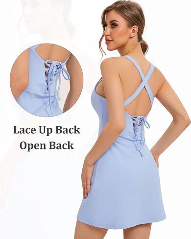 Womens Square Neck Tennis Dress with Built-in Bra & Shorts, Two Pieces Slim Fit Athletic Dress, Tie Up Back, Big Pockets in Saudi Arabia