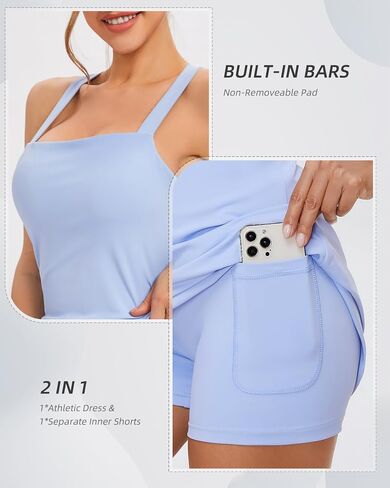 Womens Square Neck Tennis Dress with Built-in Bra & Shorts, Two Pieces Slim Fit Athletic Dress, Tie Up Back, Big Pockets in Saudi Arabia