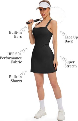Womens Square Neck Tennis Dress with Built-in Bra & Shorts, Two Pieces Slim Fit Athletic Dress, Tie Up Back, Big Pockets in Saudi Arabia