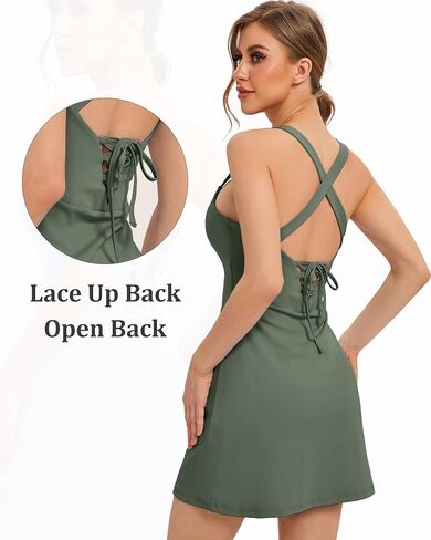 فستان تنس نسائي برقبة مربعة مع حمالة صدر وشورت مدمج، فستان رياضي من قطعتين بقصة ضيقة، مربوط من الخلف، جيوب كبيرة in Kuwait