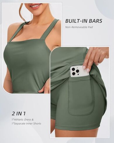 فستان تنس نسائي برقبة مربعة مع حمالة صدر وشورت مدمج، فستان رياضي من قطعتين بقصة ضيقة، مربوط من الخلف، جيوب كبيرة in Kuwait