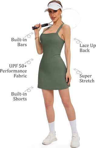 فستان تنس نسائي برقبة مربعة مع حمالة صدر وشورت مدمج، فستان رياضي من قطعتين بقصة ضيقة، مربوط من الخلف، جيوب كبيرة in Kuwait