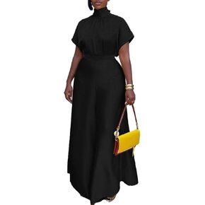 Ecirod Womens 2 Piece Church Outfits Turtleneck Bow Tie Cap Sleeve Tops High Waisted Flowy Wide Leg Palazzo Pants Set