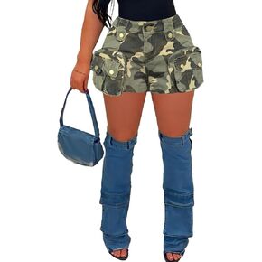 HuiSiFang Women's Camo Cargo Shorts High Waist Stretchy Jean Shorts with Pockets