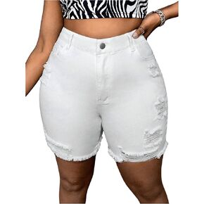 WDIRARA Women's Plus Size High Waist Ripped Raw Hem Stretch Skinny Denim Shorts with Pockets