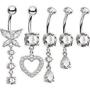 CM Crareesi Mania Belly Piercing Jewelry Pack 316L Stainless Steel Belly Rings 5PCS 14G Dangle Heart Belly Button Rings for Women